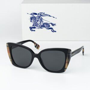 Burberry MARYL Women Sunglasses Black Vintage Check Grey Cat Eye BE4393 405587